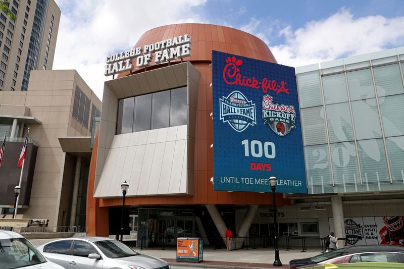 May 24, 2018 - Atlanta, Ga: The main entrance of the Chick-fil-A College Football Hall of Fame is shown Thursday, May 24, 2018, in Atlanta. In it's fourth year of operation in Atlanta, the College Football Hall of Fame announced an expansion of the attraction's relationship with Atlanta-based Chick-fil-A. The College Football Hall of Fame is now officially known as the Chick-fil-A College Football Hall of Fame. (JASON GETZ/SPECIAL TO THE AJC)