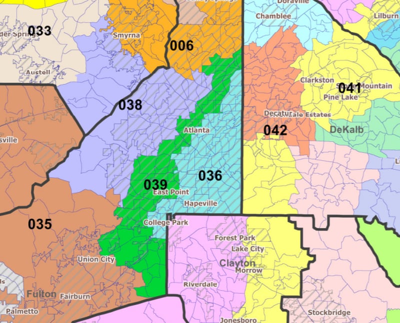 Senate District 39 spans from north Buckhead, snaking roughly 20 miles along Interstate 85 down to past Hapeville. (Georgia Legislature map)