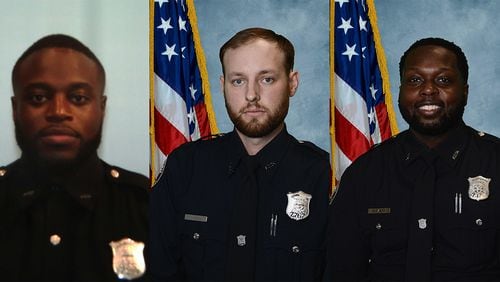 Officers Jason Hodge (from left), Charles Smith and Darien Tabor were injured in a shootout in southwest Atlanta on Saturday, police said.