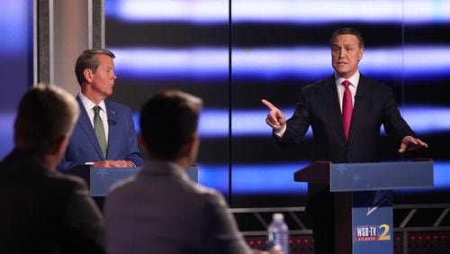 Former Sen. David Perdue answers a question to the panelist during the gubernatorial GOP debate at the headquarters of the WSB on Sunday, April 24, 2022. The two candidates did not stop attacking each other during the debate just as they did during the campaign.Sunday, April 24, 2022. Miguel Martinez/miguel.martinezjimenez@ajc.com