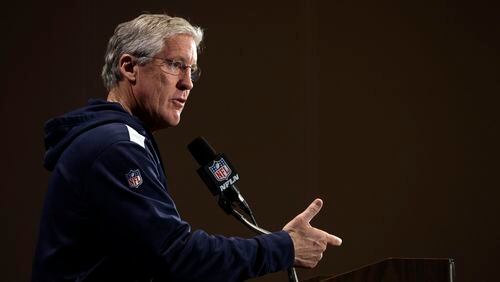 Seattle Seahawks head coach Pete Carroll speaks during a news conference Monday, Jan. 27, 2014, in Jersey City, N.J. The Seahawks and the Denver Broncos are scheduled to play in the Super Bowl XLVIII football game Sunday, Feb. 2, 2014. (AP Photo/Jeff Roberson)