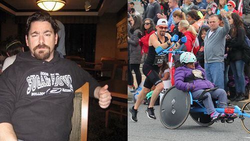 In the photo on the left, taken in 2007, Gordie Powell weighed 200 pounds. In the photo on the right, taken in October, he weighed 149 pounds. He says he has also found a purpose through the Kyle Pease Foundation as a volunteer runner who gives a push assist to adaptive athletes. “We lend them our legs and they lend us their spirit,” he said. “The foundation is so much bigger than my weight-loss story.” (All photos contributed by Gordie Powell)