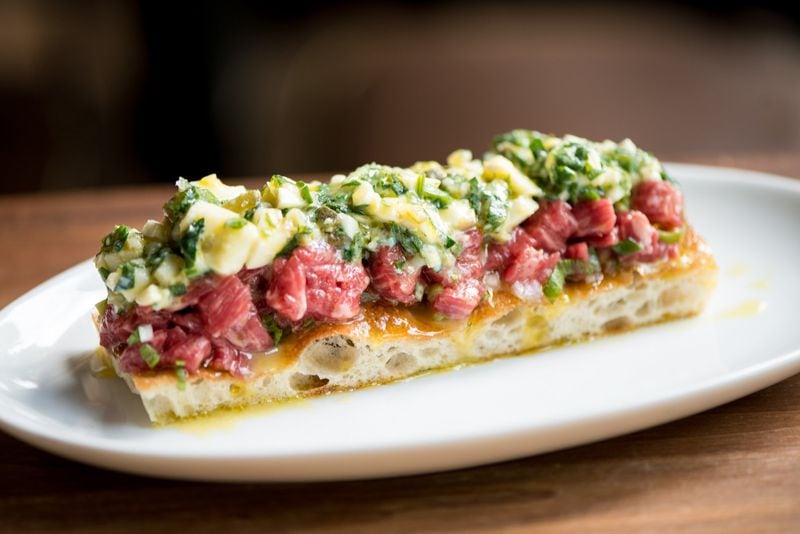 Tartare, Comfort Farm Aged Dairy Cow Beef, soft boiled gribiche, focaccia, and olive oil. Photo credit- Mia Yakel.