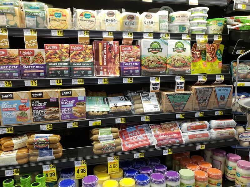 At a grocery in Gainesville, a city that dubs itself the Poultry Capital of the World, space is being set aside for a variety of plant-based substitutes for meat, including chicken. Tyson Foods, one of the nation’s largest meat producers, recently announced it will launch its own plant-based nugget product this summer. MATT KEMPNER / AJC