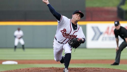 Kris Medlen delivers a pitch in his Gwinnett Braves debut at Coolray Field on June 9. Medlen threw 5 2/3 innings, allowing three runs. (Photo courtesy of Karl L. Moore/Gwinnett Braves)