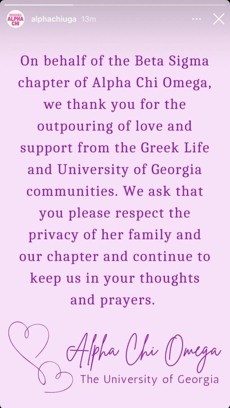 The Alpha Chi Omega chapter at the University of Georgia posted a message on social media after the death of Laken Riley.
