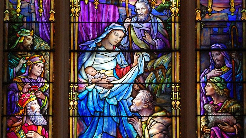 This detail from the "Advent" window at First Presbyterian Church of Atlanta is by the Tiffany studio and depicts Mary and baby Jesus.