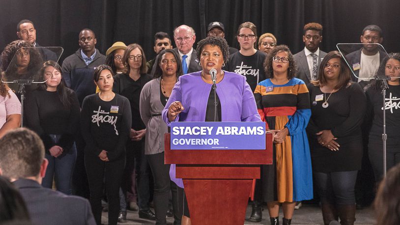 11/16/2018 -- Atlanta, Georgia -- Georgia Gubernatorial Democratic candidate Stacey Abrams makes remarks during a press conference at the Abrams Headquarters in Atlanta, Friday, November 16, 2018. Stacey Abrams ended her campaign and said she accepts that she doesn't have enough votes to beat her opponent Brian Kemp. (ALYSSA POINTER/ALYSSA.POINTER@AJC.COM)