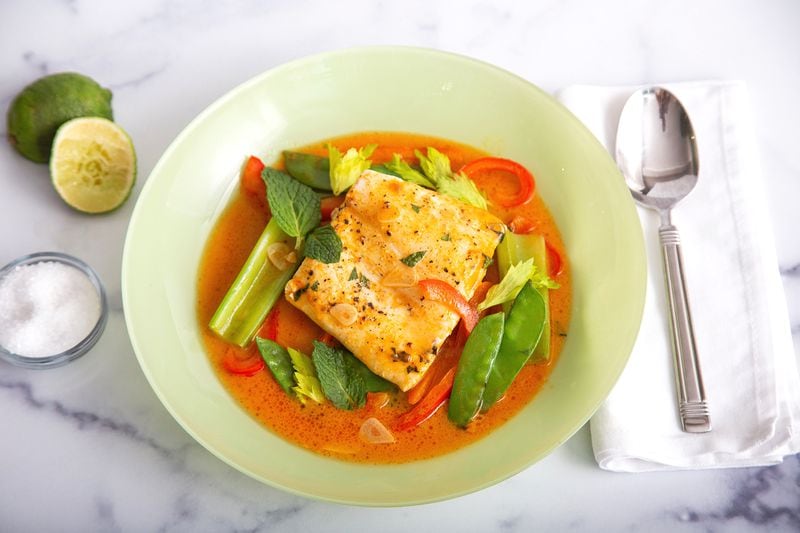 Wild Alaska Halibut in Red Curry with Vegetables.
Courtesy of Brooke Slezak.