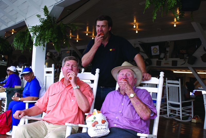 Three generations of the Dickey family still operate Dickey Farms. Standing is Robert Lee Dickey IV, and seated are Robert Lee Dickey III (left) and Robert Lee Dickey Jr. Courtesy of Dickey Farms