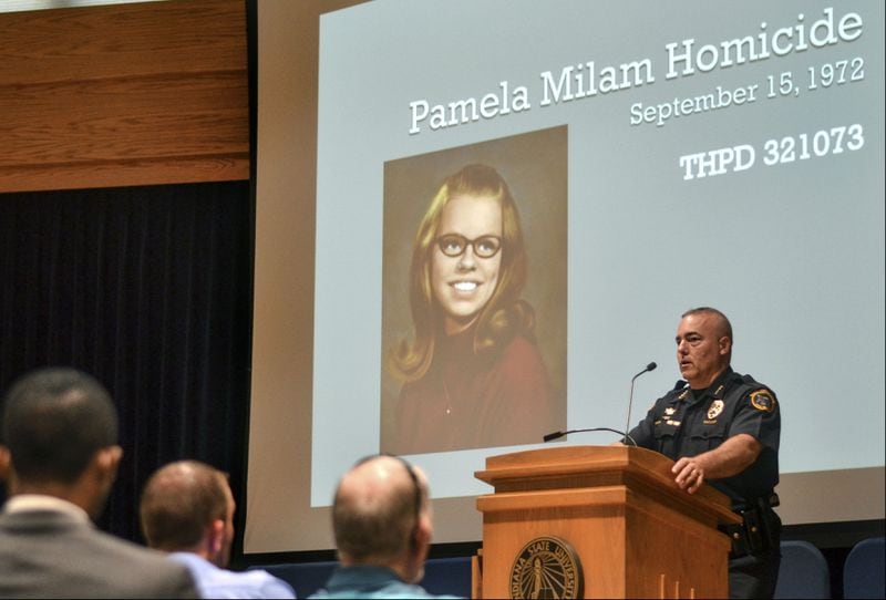Terre Haute Police Chief Shawn Keen announces Monday, May 6, 2019, that DNA evidence and familial genealogy has revealed Jeffrey Lynn Hand as the likely killer of Pamela Milam 46 years ago. Milam, 19, was last seen alive the night of Sept. 15, 1972, following a sorority event on campus. The ISU sophomore was found strangled, bound and gagged in the trunk of her car the following day by her family. Hand, who was 23 at the time of Milam’s slaying, killed a hitchhiker nine months later, but was found not guilty by reason of insanity and released in 1976. He was killed by police during a botched kidnapping two years later.