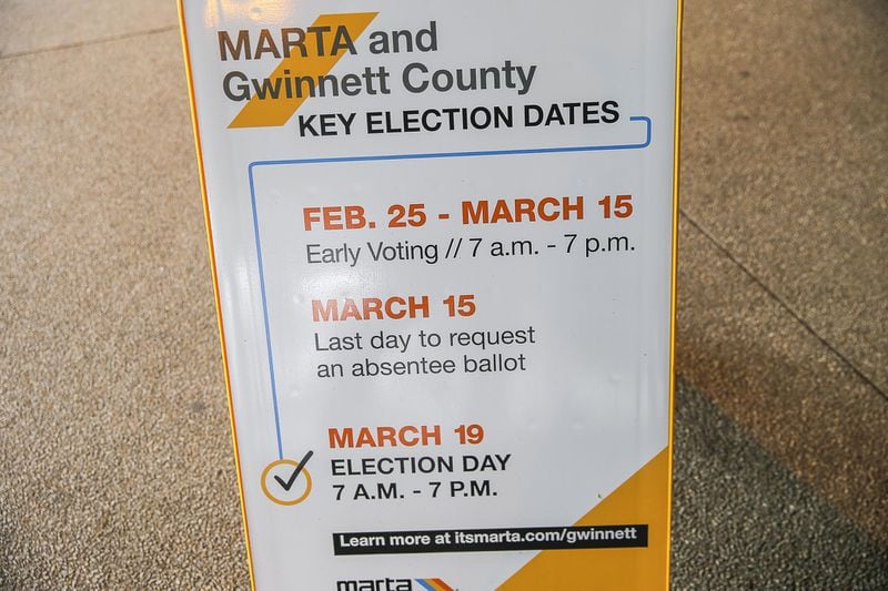 02/26/2019 — Doraville, Georgia — A sign indicating the MARTA and Gwinnett County transit referendum voting calendar is displayed at the Doraville MARTA Transit Station in Doraville, Tuesday, February 26, 2019. (ALYSSA POINTER/ALYSSA.POINTER@AJC.COM)