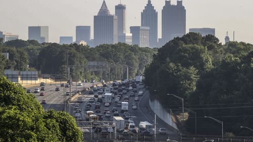 Traffic makes its way north towards downtown on the connector on Wednesday, May 26, 2021 in Atlanta. (John Spink / John.Spink@ajc.com)