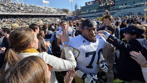 Georgia Tech guard Shaquille Mason is the most decorated Yellow Jackets offensive lineman since Chris Brown was named to five All-America teams in 2000. (HYOSUB SHIN/AJC)