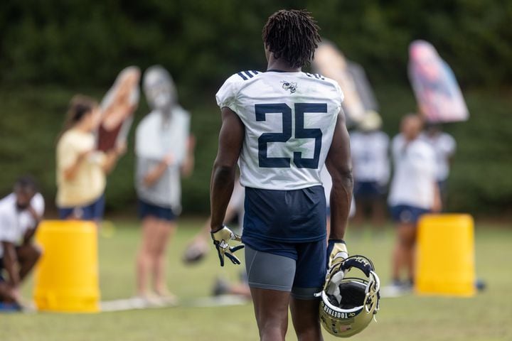 Charlie Thomas (25) watches a drill during the first day of spring practice for Georgia Tech football at Alexander Rose Bowl Field in Atlanta, GA., on Thursday, February 24, 2022. (Photo Jenn Finch)