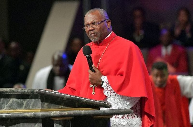 The Most Rev. Neil C. Ellis gives the eulogy during services Wednesday celebrating the life of Bishop Eddie Long, senior pastor, at New Birth Missionary Baptist Church. Long died Jan. 15 of cancer. He was 63. HYOSUB SHIN / HSHIN@AJC.COM
