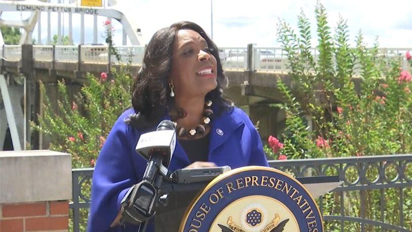 U.S. Rep. Terri Sewell, a Democrat from Alabama, unveiled the latest version of the John Lewis Voting Rights Advancement Act on Tuesday, during an event at the foot of the Edmund Pettus Bridge in Selma. The bill would reinstate federal review of changes to election laws in Georgia and several other states. Screenshot via CBS 42 livestream.