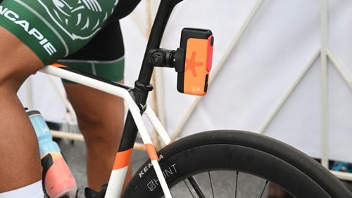 Spoke's technology device placed on professional cyclist's bike during the Peachtree Corners Curiosity Lab Criterium 2023. (Courtesy City of Peachtree Corners)