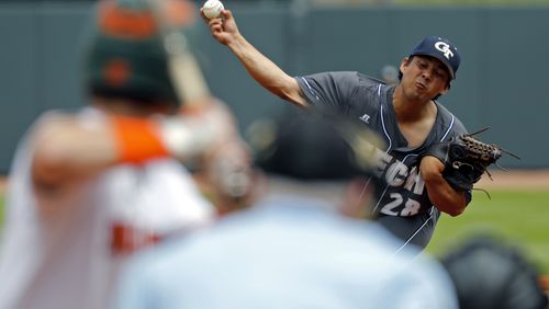 Georgia Tech pitcher Jared Datoc (28) throws to a Miami batter during the Atlantic Coast Conference baseball tournament in Louisville, Ky, Tuesday, May. 23, 2017. Miami won 6-5 in 13 innings. (Wade Payne/theACC.com via AP)