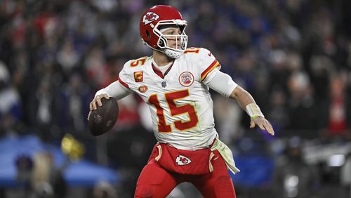FILE - Kansas City Chiefs quarterback Patrick Mahomes (15) throws a pass during the second half of the AFC Championship NFL football game against the Baltimore Ravens, in Baltimore, Sunday, Jan. 28, 2024. The NFL announced Monday, May 13, that the Super Bowl champion Kansas City Chiefs will open the season at home against the Baltimore Ravens on Thursday, Sept. 5. The game is a rematch of the AFC championship game in January, which the Chiefs won 17-10 in Baltimore. (AP Photo/Terrance Williams, File)