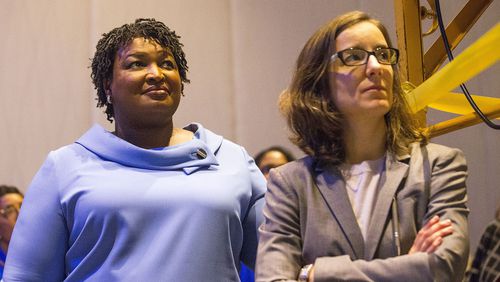 Lauren Groh-Wargo, right, will return to the voting group Fair Fight as an interim chief executive as the financially struggling organization undergoes a "restructuring." Stacey Abrams, left, who founded the group, is expected to also return to play some undetermined role in the overhaul. (Alyssa Pointer/The Atlanta Journal-Constitution/TNS)