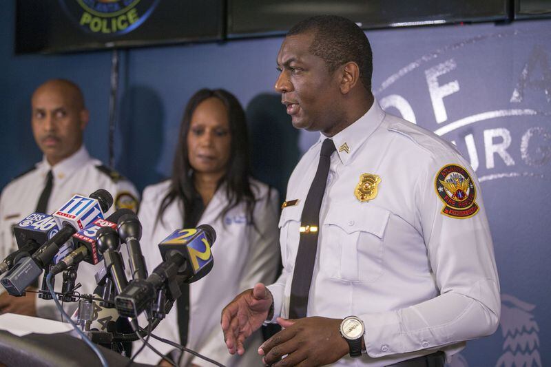 04/05/2018 — Atlanta, GA - Atlanta Fire Rescue Department Public Information Officer Sgt. Cortez R. Stafford answers questions during a press conference at the Atlanta Police Department headquarters, Thursday, April 5, 2018. The body of missing CDC researcher Timothy Cunningham was found in the Chattahoochee River. Atlanta Police Major Michael O’Connor says that Cunningham likely drowned while on a run. His body was found surrounded by mud in the river. ALYSSA POINTER/ALYSSA.POINTER@AJC.COM