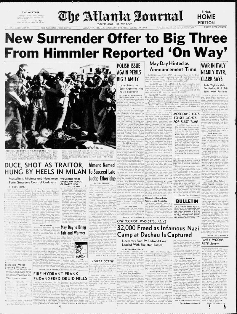 The Atlanta Journal front page on April 30, 1945.