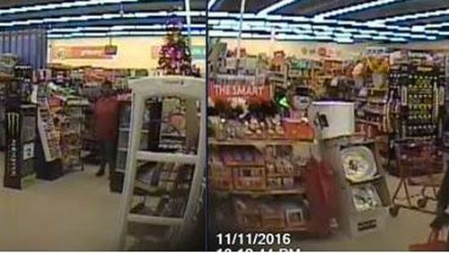 Two surveillance photos show the man police are seeking in connection with the robbery of a Family Dollar store in Gwinnett County. (Credit: Gwinnett County Police)