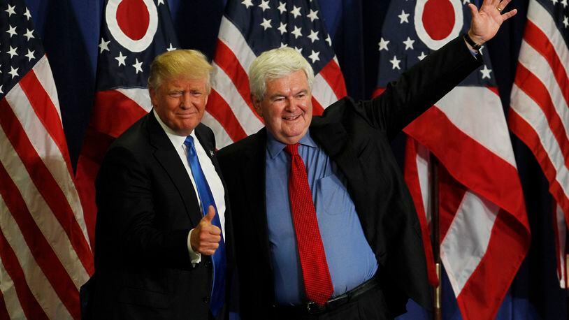 Former U.S. House Speaker Newt Gingrich introduces Donald Trump at a July rally in Ohio. John Sommers II/Getty