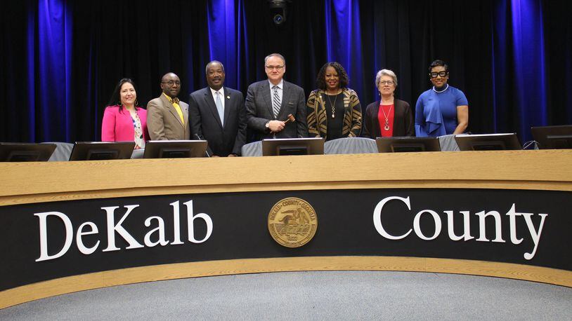 Members of the DeKalb County Board of Commissioners posed for a group photo after a meeting on Jan. 15, 2019. (L to R) Nancy Jester, Larry Johnson, Steve Bradshaw, presiding officer Jeff Rader, Mereda Davis Johnson, Kathie Gannon, and Lorraine Cochran-Johnson. Photo by the DeKalb County government.