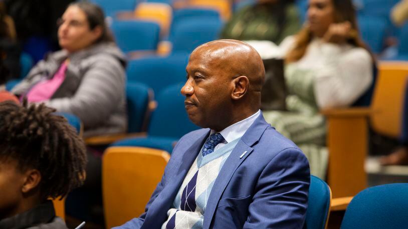 Gwinnett County Public Schools Superintendent Calvin Watts listens to the students share perspectives on school safety and violence during a town hall and panel event Nov. 14, 2022. (Christina Matacotta for The Atlanta Journal-Constitution)