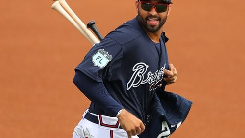Braves left fielder Matt Kemp has been the first in the batting cage and the last to leave the field most days this spring, manager Brian Snitker said. (Curtis Compton/ccompton@ajc.com)
