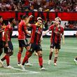 Atlanta United forward Tyler Wolff (28) celebrates with the crowd after scoring his team’s fifth goal against Inter Miami during the second half of an MLS soccer match at Mercedes-Benz Stadium on Saturday, Sept. 16, 2023, in Atlanta.
 Miguel Martinez / miguel.martinezjimenez@ajc.com