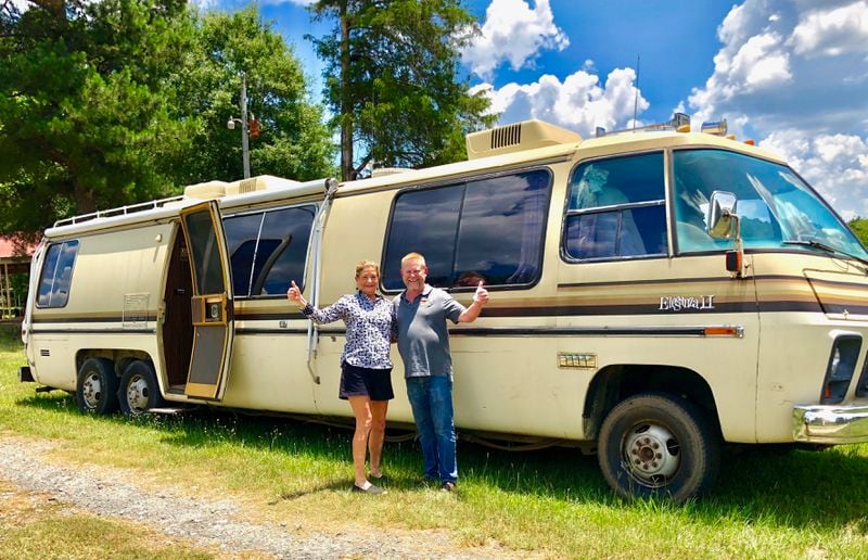 From left, Kim Carter and Kelly Keylon pose outside an RV. This summer they plan to hit the road to do research for Carter’s upcoming mystery book, part of a series of novels about Iris & Clara -- two 70-year-old women who become private investigators.