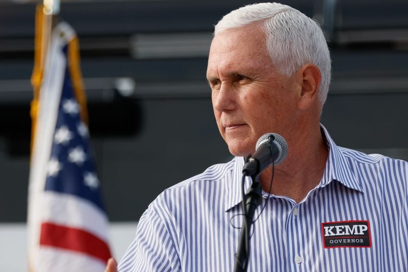 Former Vice President Mike Pence campaigns for Gov. Brian Kemp in Gainesville on Nov. 1, 2022. (Arvin Temkar/AJC)