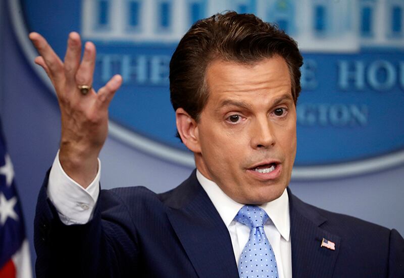 White House communications director Anthony Scaramucci gestures as he answers questions during the press briefing in the Brady Press Briefing room of the White House in Washington, Friday, July 21, 2017.