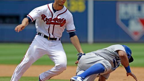Braves shortstop Andrelton Simmons (19) tags Los Angeles Dodgers third baseman Alberto Callaspo (5) in a rundown during the seventh inning. (AP Photo/Butch Dill)