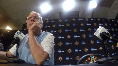 North Carolina head coach Roy Williams listens during a news conference for the Final Four NCAA college basketball tournament, Sunday, April 2, 2017, in Glendale, Ariz. (AP Photo/Tim Donnelly)