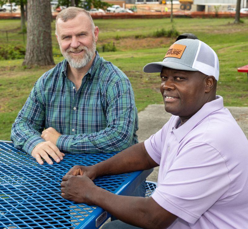 Portrait of Randy Simpkins (left) & Russell Dallas at Hunter Park in Douglasville. Simpkins, a pastor & businessman from Carrollton, never met Dallas of Douglasville before he committed to being tested to be a kidney donor for Dallas. The transplant team at Piedmont Atlanta was ecstatic when they found SimpkinsÕ kidney was a Òmiraculous match!Ó  PHIL SKINNER FOR THE ATLANTA JOURNAL-CONSTITUTION