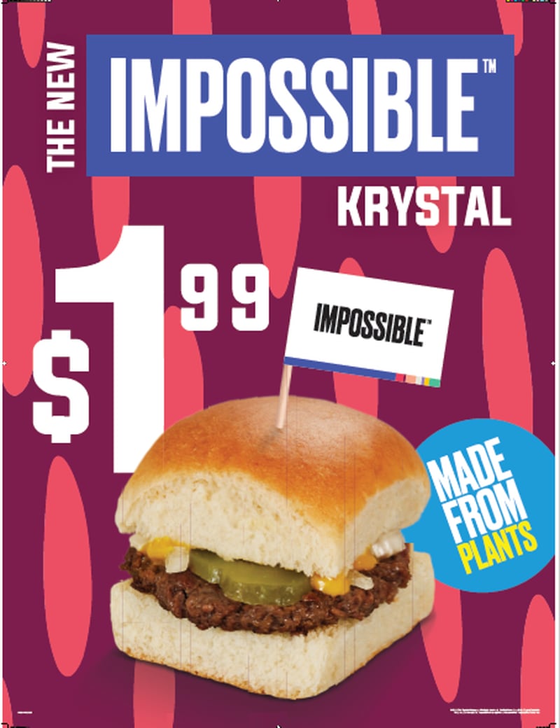Krystal is testing a version of their classic slider with a plant-based Impossible patty in Atlanta and Columbus, Ga. COURTESY OF KRYSTAL
