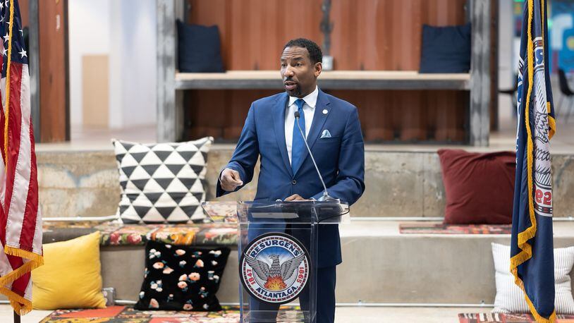 March 28, 2022: Atlanta Mayor Andre Dickens speaks during a press conference on March 28, 2022, at Pittsburgh Yards in southwest Atlanta (City of Atlanta).