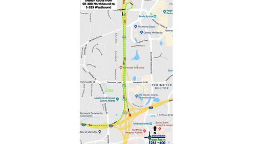 Map depicts the suggested detour when the ramp from northbound Ga. 400 to westbound I-285 is closed. GEORGIA DEPARTMENT OF TRANSPORTATION