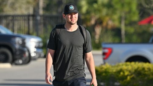 Braves pitcher Jared Shuster arrives for the third of the Braves spring training at CoolToday Park, Wednesday, Feb. 15, 2023, in North Port, Fla.. (Hyosub Shin / Hyosub.Shin@ajc.com)