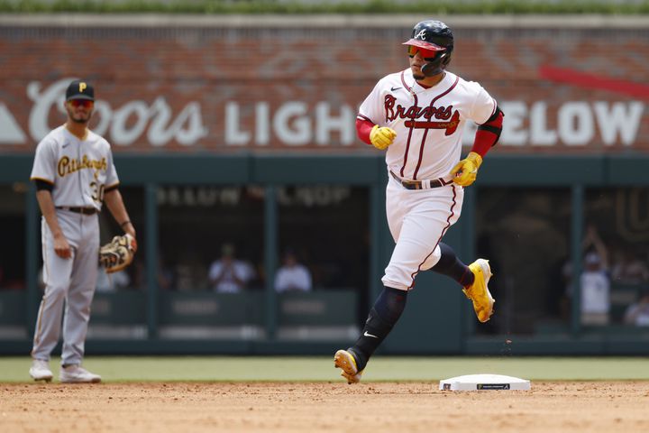 Atlanta Braves catcher William Contreras rounds second base after hitting a solo home run during the second inning Sunday, June 12, 2022, in Atlanta. (Miguel Martinez / miguel.martinezjimenez@ajc.com)