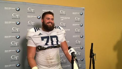 Georgia Tech offensive lineman Will Bryan speaks with media following practice August 13, 2018. (AJC photo by Ken Sugiura