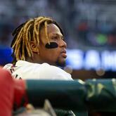 Atlanta Braves right fielder Ronald Acuña Jr. watches the action in the dugout during the third inning against the Chicago Cubs at Truist Park, Monday, May 13, 2024, in Atlanta. (Jason Getz / AJC)
