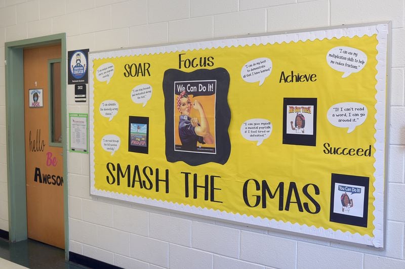 This is a Georgia Milestones Assessment bulletin board at Thurgood Marshall Elementary School on April 19, 2022. Teachers and faculty create the bulletin boards about a month before testing as a way to motivate and encourage students. (Natrice Miller / natrice.miller@ajc.com)