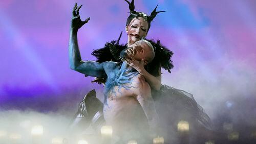 Bambie Thug of Ireland performs the song Doomsday Blue during the dress rehearsal for the final at the Eurovision Song Contest in Malmo, Sweden, Friday, May 10, 2024. (AP Photo/Martin Meissner)