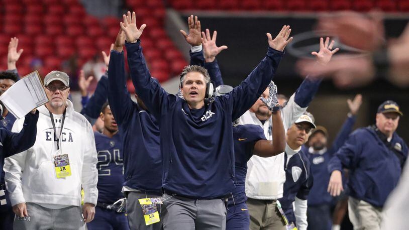December 8, 2017 - Atlanta, Ga: Eagle's Landing Christian head coach Jonathan Gess, now at Hebron Christian, reacts to a touchdown in the first half during their game agianst Athens Academy in the Class A Private Championship at Mercedes-Benz Stadium Friday, December 8, 2017, in Atlanta. PHOTO / JASON GETZ
