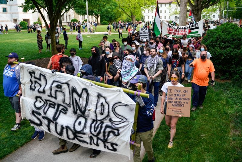 Protesters gathered for a second day of pro-Palestinian demonstrations on the Emory University quad. Friday, April 26, 2024 (Ben Hendren for The Atlanta Journal-Constitution)